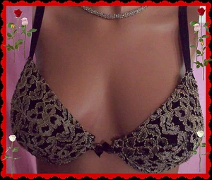 36B Black Gold Mesh Victorias Secret PushUp Pillow Paded Plunge Underwire Bra - Picture 1 of 1