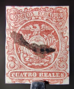 RARE ECUADOR STAMP 1866 4r RED ARMS Sc #6, FINE USED GENUINE CLASSIC B1U17 - Picture 1 of 12