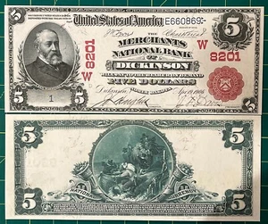 Reproducción Billete de Banco Nacional de $5 1902 Dickinson ND Merchants Nat’l Bank Copia - Imagen 1 de 10