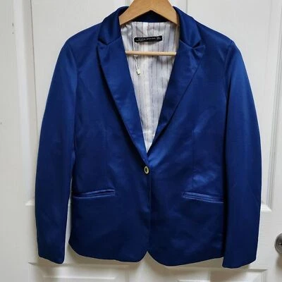 Blazer Zara Mujer L Azul Brillo 1 Botón Manga Larga Forrado Muesca Bolsillos Preppy Foto 1 de 4