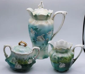 RS PRUSSIA CHOCOLATE POT CREAMER & SUGAR SWANS PATTERN MOLD 508 c1900 - Picture 1 of 18
