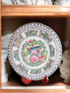 Raro piatto vintage stile dinastia mento dipinto a mano arte da collezione fiori farfalla - Foto 1 di 5