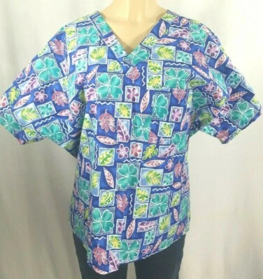 Unisex Blue Floral Health Care Medical Nurse Uniform V-Neck Top Size M - Image 1 of 4