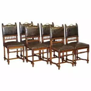 SET OF SIX HENRY II CIRCA 1880 FRENCH OAK & EMBOSSED LEATHER LION DINING CHAIRS - Picture 1 of 12