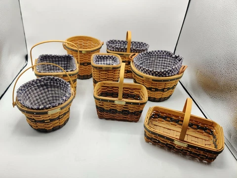 8 Vintage LONGABERGER J.W. Collection Miniature MINI Baskets Blue Gingham Cover