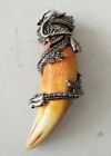 Chinese Boars Antique Tooth Wild Hog Silver Dragon protective talisman Pendant 