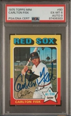 1975 Mini Topps Carlton Fisk Signed Baseball Card PSA 6 DNA Certified 9 Auto HOF - Image 1 of 3