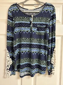 Entro Western Aztec Long Sleeve Henley  Crochet Sleeve Sz Large Cowgirl Rodeo - Picture 1 of 11