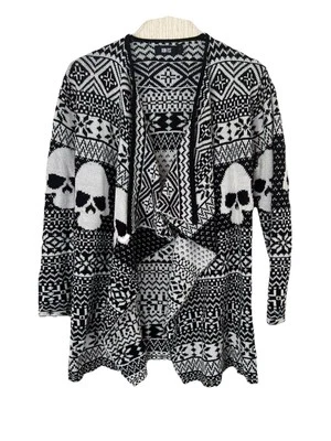 Cardigã suéter feminino Halloween XS preto branco caveiras frente aberta manga longa - Imagem 1 de 4