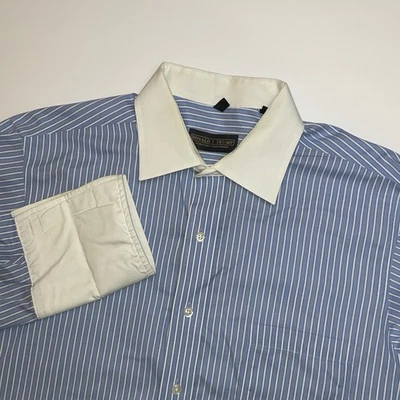 Donald J. Trump Dress Shirt Mens 16.5 34/35 Blue Striped French Cuff Non Iron - Image 1 of 4
