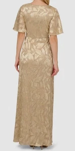 Adrianna Papell Womens Gold Surplice-Neck Foil Leaf Draped Gown Petite Size 2P - Picture 1 of 4
