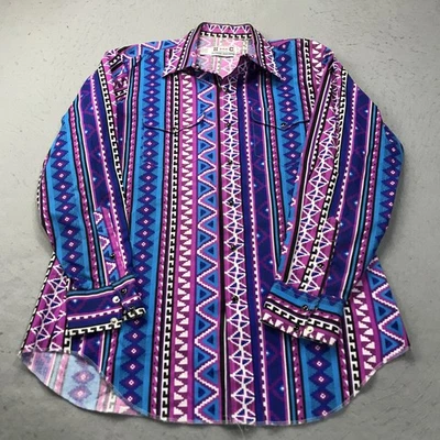 ВИНТАЖНЫЙ H Bar C Ranchwear рубашка мужская 16 35 синий фиолетовый жемчуг Snap ковбой ранчо - Изображение 1 из 4