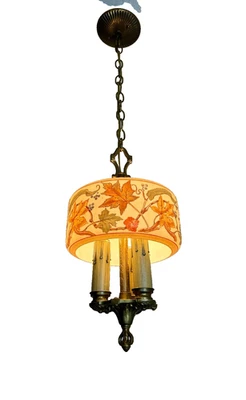 1920's Lightolier pendant light fixture hand painted shade - Image 1 of 4