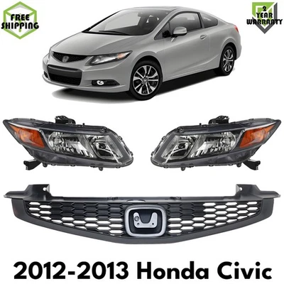 Front Grille Assembly & Headlights Kit For 2012-2013 Honda Civic Foto 1 de 4