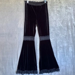 Velvet Flare Pants Womens Medium Black Lace Trim Flare goth whimsy grunge witchy - Picture 1 of 11