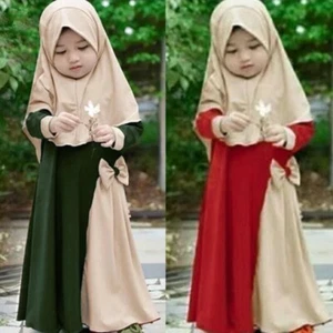 Two Piece Kids Girls Hijab Prayer Long Dress Set Abaya Muslim Girls Robe Kaftan - Picture 1 of 38