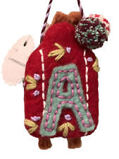 Anthropologie  Christmas Hand Made Ornament Wool Felt Sled Hand Embroidery BN