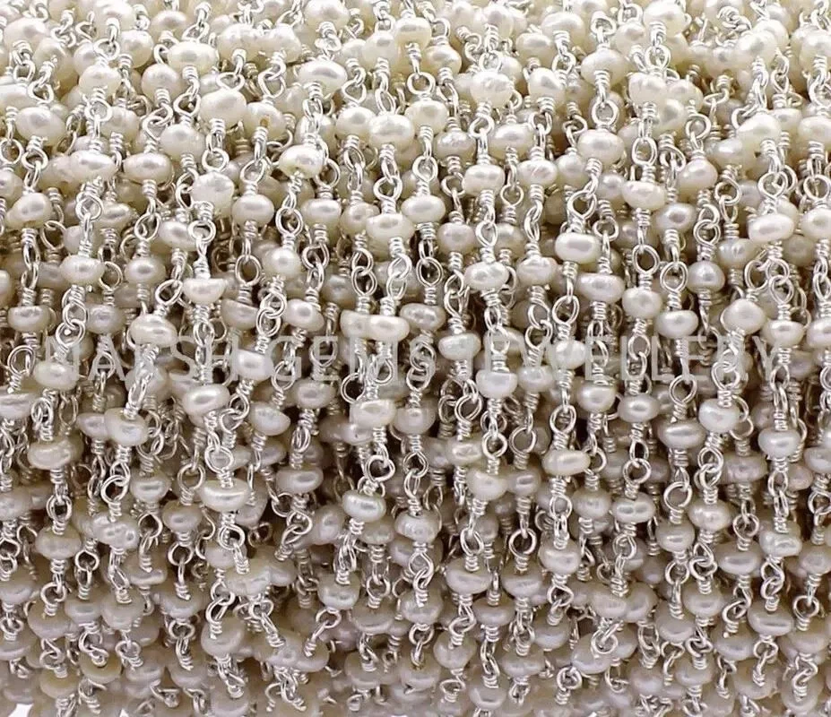 5英尺淡水珍珠念珠链,3.5-4毫米镀银丝包装链 — 第 1/4 张图片