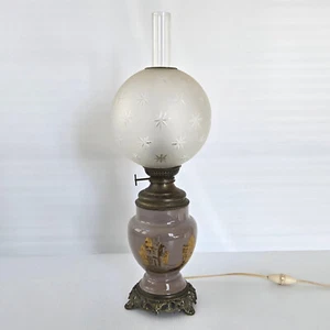 Antique Electrified Oil Lamp Petroleum Late XIX Ceramic Bronze & Glass - Picture 1 of 11