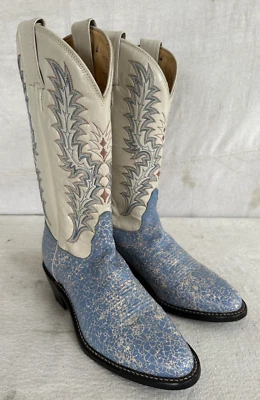 Tony Lama новый без коробки искусственно состаренный синий треск поверх слоновой кости кожаный круглый носок W размер 7,5 B - Изображение 1 из 4