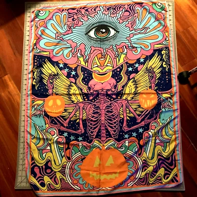 Vtg Psychedelic Wall Tapestry Eye Skeletons Unicorns Jack O' Lanterns 29" x 37" - Image 1 of 4