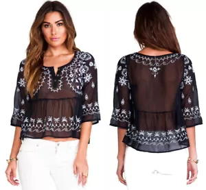Free People Boho Blues Top Medium 8 10 Navy Bold Embroidery Blouse Shirt NWT - Picture 1 of 12