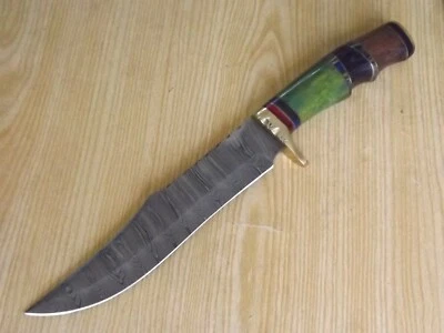  Cuchillo de caza de acero Damasco forjado hecho a mano mango de madera protector de latón + funda Foto 1 de 4