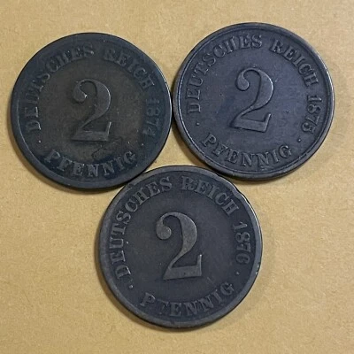 1874 1875 1876 German 2 Pfennig 3 Coin Lot Mint G Type 1 Large Shield KM# 2 - Image 1 of 4