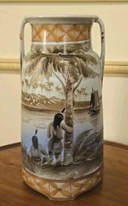 Imperial Nippon Hand Painted Vase Rare Native American Indians, Footed & Handles - Picture 1 of 12