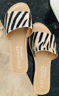 Coconuts By Matisse Women’s Sandals Tiki Cowhide Leather Slide Sz 7 Zebra Print - Image 1 of 2