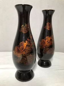 Pair Fuzhou Chinese Lacquer Vases 7.5” Tall Dragon Clouds - Picture 1 of 19