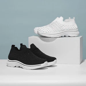 SMILIN Women Rhinestone Sock Sneakers Breathable Slip On Gym Casual Walking Shoe - Picture 1 of 40