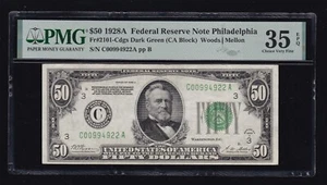US 1928A $50 FRN Philadelphia Dark Green Seal FR 2101-C PMG 35 EPQ (922) - Picture 1 of 2