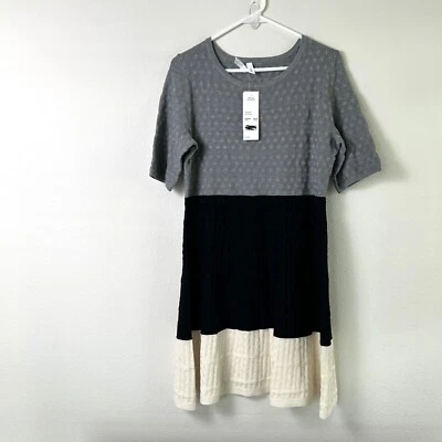 NY Collection Sweater Dress Womens Petite L PL Gray Black Ivory Colorblock NWT - Image 1 of 4