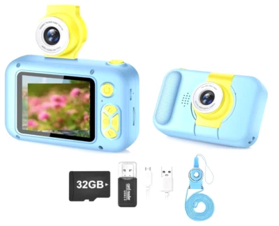 ARNSSIEN Kinder Kamera Selfie 2.4" Display Digitalkamera 180°Flip Objektiv Blau