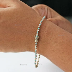Arizona Turquoise & Diamond Bezel Set Tennis Bracelet In Solid 14k Yellow Gold - Picture 1 of 15