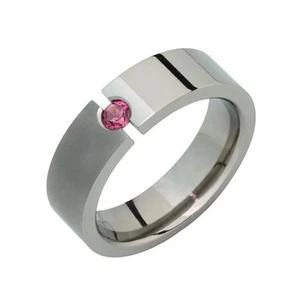 Titanium Ring W Pink Tourmaline Tension Set Half Polish Wedding Band Sz 4 to 14 - Picture 1 of 1