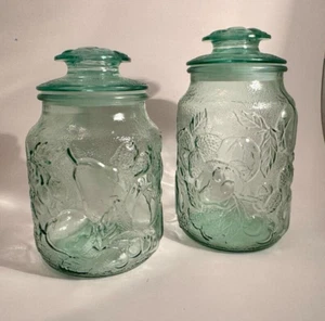 Set of 2 Libbey Glass Co Orchard Fruit Embossed Green Glass Canister Size 1 & 13 - Picture 1 of 8