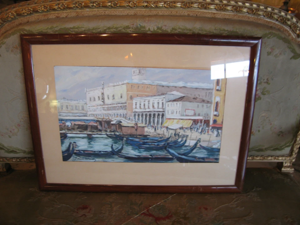Pintura Acuarela Firmada de Barcos y Ciudad/Arquitectura Probablemente De Colección Foto 1 de 4