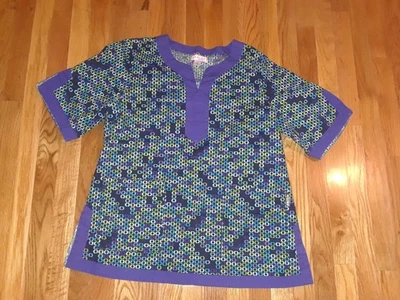 Ladies Koi by Kathy Peterson Violet Blue Green Geometric Scrubs Top Size XL - Image 1 of 4