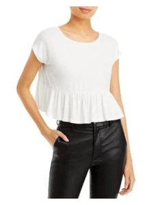 AQUA Womens White Ribbed Pullover Flounce Hem Cap Sleeve Round Neck Crop Top S - Picture 1 of 3