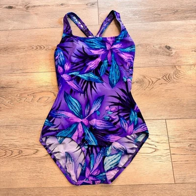Speedo One Piece Swimsuit Medium 8 Purple Blue Floral Crossback Built-in Bra - Image 1 of 4
