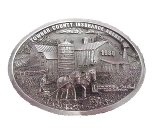 1988 Vtg Cando Pewter North Dakota Belt Buckle Horse & Plow 3D Barn Farmer USA - Picture 1 of 11