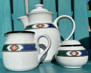noritake KACHINA COFFEE POT W/LID + CREAMER + SALT PEPPER SHAKER stoneware JAPAN - Picture 1 of 24