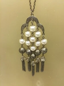 "Statement" 33" Chain Silver tone Necklace Beads & Faux Pearls, Pendant Hangs 5" - Picture 1 of 7