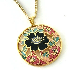 Vintage Black Red Green Cloisonné Orchid Necklace Enamel Flower Gold Plated - Picture 1 of 10