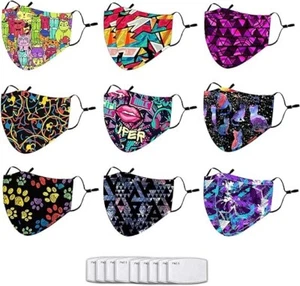 Pack of 9 Reusable Washable Cotton Face Mask Nose Wire with Filters Cat Animal - Picture 1 of 5