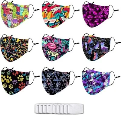 Pack of 9 Reusable Washable Cotton Face Mask Nose Wire with Filters Cat Animal - Image 1 of 4