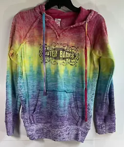 Outer Banks Women’s Small Tie Dye Rainbow Hooded Sweatshirt Burnout Raw Edge - Picture 1 of 3
