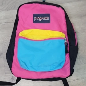 Rare Retro Jansport Backpack Superbreak Colorblock pink yellow black 80s vibe - Picture 1 of 12
